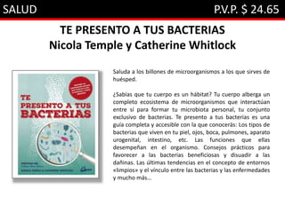 SALUD P.V.P. $ 24.65
TE PRESENTO A TUS BACTERIAS
Nicola Temple y Catherine Whitlock
Saluda a los billones de microorganismos a los que sirves de
huésped.
¿Sabías que tu cuerpo es un hábitat? Tu cuerpo alberga un
completo ecosistema de microorganismos que interactúan
entre sí para formar tu microbiota personal, tu conjunto
exclusivo de bacterias. Te presento a tus bacterias es una
guía completa y accesible con la que conocerás: Los tipos de
bacterias que viven en tu piel, ojos, boca, pulmones, aparato
urogenital, intestino, etc. Las funciones que ellas
desempeñan en el organismo. Consejos prácticos para
favorecer a las bacterias beneficiosas y disuadir a las
dañinas. Las últimas tendencias en el concepto de entornos
«limpios» y el vínculo entre las bacterias y las enfermedades
y mucho más…
 