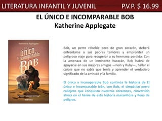 EL ÚNICO E INCOMPARABLE BOB
Katherine Applegate
Bob, un perro rebelde pero de gran corazón, deberá
enfrentarse a sus peores temores y emprender un
peligroso viaje para recuperar a su hermana perdida. Con
la amenaza de un inminente huracán, Bob habrá de
apoyarse en sus mejores amigos —Iván y Ruby—, hallar el
coraje que no sabía que tenía y aprender el verdadero
significado de la amistad y la familia.
El único e incomparable Bob continúa la historia de El
único e incomparable Iván, con Bob, el simpático perro
callejero que conquistó nuestros corazones, convertido
ahora en el héroe de esta historia maravillosa y llena de
peligros.
LITERATURA INFANTIL Y JUVENIL P.V.P. $ 16.99
 