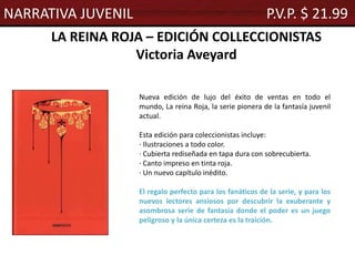 LA REINA ROJA – EDICIÓN COLLECCIONISTAS
Victoria Aveyard
Nueva edición de lujo del éxito de ventas en todo el
mundo, La reina Roja, la serie pionera de la fantasía juvenil
actual.
Esta edición para coleccionistas incluye:
· Ilustraciones a todo color.
· Cubierta rediseñada en tapa dura con sobrecubierta.
· Canto impreso en tinta roja.
· Un nuevo capítulo inédito.
El regalo perfecto para los fanáticos de la serie, y para los
nuevos lectores ansiosos por descubrir la exuberante y
asombrosa serie de fantasía donde el poder es un juego
peligroso y la única certeza es la traición.
NARRATIVA JUVENIL P.V.P. $ 21.99
 
