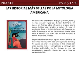 LAS HISTORIAS MÁS BELLAS DE LA MITOLOGíA
AMERICANA
Los continentes están hechos de playas y volcanes, llanos y
montes, bosques y lagos, pero también de historias. Así
sucede en América Latina: el cuento y el canto son la
sangre invisible que vertebra la cultura de todo el
continente. Desde el desierto de Sonora a la Patagonia, un
sinfín de pueblos se han ido transmitiendo durante siglos
mitos y leyendas que sirven para encauzar creencias y
valores, enseñanzas y miedos.
La presente colección recoge algunas de esas historias: las
más bellas, creadas por los incas y los kayapó, los mexicas y
los yaguas, los seris y los guaraníes. El libro empieza con
unos cuantos relatos cosmogónicos y concluye con
leyendas ambientadas en los tiempos en que los
conquistadores españoles pisaron por vez primera las
tierras de América.
INFANTIL P.V.P. $ 17.99
 