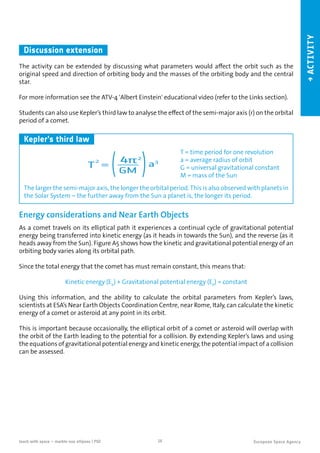 16teach with space – marble-ous ellipses | P02
→ACTIVITY
Discussion extension
The activity can be extended by discussing what parameters would affect the orbit such as the
original speed and direction of orbiting body and the masses of the orbiting body and the central
star.
For more information see the ATV-4 'Albert Einstein' educational video (refer to the Links section).
Students can also use Kepler’s third law to analyse the effect of the semi-major axis (r) on the orbital
period of a comet.
The larger the semi-major axis, the longer the orbital period. This is also observed with planets in
the Solar System – the further away from the Sun a planet is, the longer its period.
Kepler’s third law
Energy considerations and Near Earth Objects
As a comet travels on its elliptical path it experiences a continual cycle of gravitational potential
energy being transferred into kinetic energy (as it heads in towards the Sun), and the reverse (as it
heads away from the Sun). Figure A5 shows how the kinetic and gravitational potential energy of an
orbiting body varies along its orbital path.
Since the total energy that the comet has must remain constant, this means that:
Kinetic energy (EK
) + Gravitational potential energy (EP
) = constant
Using this information, and the ability to calculate the orbital parameters from Kepler’s laws,
scientists at ESA’s Near Earth Objects Coordination Centre, near Rome, Italy, can calculate the kinetic
energy of a comet or asteroid at any point in its orbit.
This is important because occasionally, the elliptical orbit of a comet or asteroid will overlap with
the orbit of the Earth leading to the potential for a collision. By extending Kepler’s laws and using
the equations of gravitational potential energy and kinetic energy, the potential impact of a collision
can be assessed.
T = time period for one revolution
a = average radius of orbit
G = universal gravitational constant
M = mass of the Sun
 