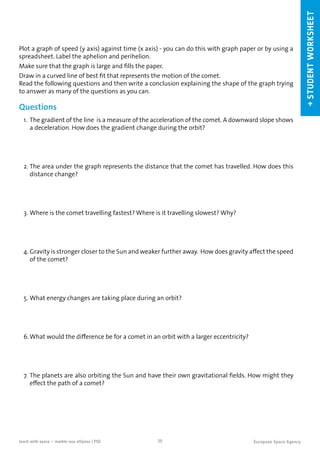 →STUDENTWORKSHEET
20teach with space – marble-ous ellipses | P02
Plot a graph of speed (y axis) against time (x axis) - you can do this with graph paper or by using a
spreadsheet. Label the aphelion and perihelion.
Make sure that the graph is large and fills the paper.
Draw in a curved line of best fit that represents the motion of the comet.
Read the following questions and then write a conclusion explaining the shape of the graph trying
to answer as many of the questions as you can.
Questions
1.	 The gradient of the line is a measure of the acceleration of the comet. A downward slope shows
a deceleration. How does the gradient change during the orbit?
2.	The area under the graph represents the distance that the comet has travelled. How does this
distance change?
3.	Where is the comet travelling fastest? Where is it travelling slowest? Why?
4.	Gravity is stronger closer to the Sun and weaker further away. How does gravity affect the speed
of the comet?
5.	What energy changes are taking place during an orbit?
6.	What would the difference be for a comet in an orbit with a larger eccentricity?
7.	The planets are also orbiting the Sun and have their own gravitational fields. How might they
effect the path of a comet?
 