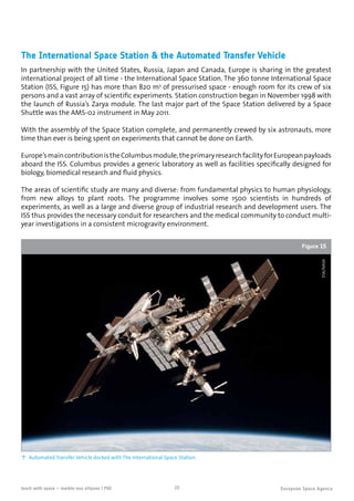 23teach with space – marble-ous ellipses | P02
The International Space Station  the Automated Transfer Vehicle
In partnership with the United States, Russia, Japan and Canada, Europe is sharing in the greatest
international project of all time - the International Space Station. The 360 tonne International Space
Station (ISS, Figure 15) has more than 820 m3
of pressurised space - enough room for its crew of six
persons and a vast array of scientific experiments. Station construction began in November 1998 with
the launch of Russia’s Zarya module. The last major part of the Space Station delivered by a Space
Shuttle was the AMS-02 instrument in May 2011.
With the assembly of the Space Station complete, and permanently crewed by six astronauts, more
time than ever is being spent on experiments that cannot be done on Earth.
Europe’smaincontributionistheColumbusmodule,theprimaryresearchfacilityforEuropeanpayloads
aboard the ISS. Columbus provides a generic laboratory as well as facilities specifically designed for
biology, biomedical research and fluid physics.
The areas of scientific study are many and diverse: from fundamental physics to human physiology,
from new alloys to plant roots. The programme involves some 1500 scientists in hundreds of
experiments, as well as a large and diverse group of industrial research and development users. The
ISS thus provides the necessary conduit for researchers and the medical community to conduct multi-
year investigations in a consistent microgravity environment.
↑ Automated Transfer Vehicle docked with The International Space Station.
Figure 15
ESA/NASA
 