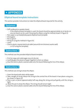 26teach with space – marble-ous ellipses | P02
Elliptical board template instructions
This section provides instructions to make the elliptical board required for the activity.
Equipment
•	 Stiff cardboard or wooden board
ȣȣ if the elliptical board template is used, the board should be approximately 75 cm by 60 cm
ȣȣ any size board can be used if drawing the ellipse using the method shown in Figure X1
•	 Plain paper or printed/photocopied elliptical track template
•	 Strong glue
•	 Pen or pencil
•	 String (if using the method in Figure X1)
•	 2 pins
•	 Cord or plastic covered electrical cable (around 8 mm thickness works well)
ȣȣ 2 m (if using the template)
Instructions 1
This method uses the provided elliptical board template.
1.	 Print (or copy and scale) pages 29-32 to A3 size.
2.	Carefully glue the pieces of paper together to form an ellipse.
3.	Glue the cord or plastic covered cable onto the board following the line of the ellipse.
→	APPENDIX
Instructions 2
This method uses string to draw the ellipse.
1.	 Cover the board with plain white paper.
2.	Take a length of string. Attach the string to the central line of the board in two places using pins
(as shown in Figure X1).
3.	Place a pen or pencil approximately half way along the string and pull gently until the string is
tight.
4.	 Move the pen to draw the ellipse. The string should remain tight.
5.	Glue the cord or plastic covered cable onto the board following the line of the ellipse.
 