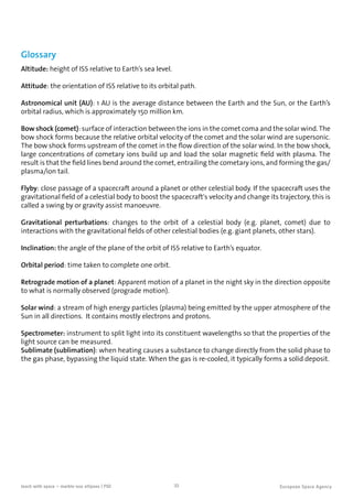 33teach with space – marble-ous ellipses | P02
Glossary
Altitude: height of ISS relative to Earth’s sea level.
Attitude: the orientation of ISS relative to its orbital path.
Astronomical unit (AU): 1 AU is the average distance between the Earth and the Sun, or the Earth’s
orbital radius, which is approximately 150 million km.
Bow shock (comet): surface of interaction between the ions in the comet coma and the solar wind.The
bow shock forms because the relative orbital velocity of the comet and the solar wind are supersonic.
The bow shock forms upstream of the comet in the flow direction of the solar wind. In the bow shock,
large concentrations of cometary ions build up and load the solar magnetic field with plasma. The
result is that the field lines bend around the comet, entrailing the cometary ions, and forming the gas/
plasma/ion tail.
Flyby: close passage of a spacecraft around a planet or other celestial body. If the spacecraft uses the
gravitational field of a celestial body to boost the spacecraft's velocity and change its trajectory, this is
called a swing by or gravity assist manoeuvre.
Gravitational perturbations: changes to the orbit of a celestial body (e.g. planet, comet) due to
interactions with the gravitational fields of other celestial bodies (e.g. giant planets, other stars).
Inclination: the angle of the plane of the orbit of ISS relative to Earth’s equator.
Orbital period: time taken to complete one orbit.
Retrograde motion of a planet: Apparent motion of a planet in the night sky in the direction opposite
to what is normally observed (prograde motion).
Solar wind: a stream of high energy particles (plasma) being emitted by the upper atmosphere of the
Sun in all directions. It contains mostly electrons and protons.
Spectrometer: instrument to split light into its constituent wavelengths so that the properties of the
light source can be measured.
Sublimate (sublimation): when heating causes a substance to change directly from the solid phase to
the gas phase, bypassing the liquid state. When the gas is re-cooled, it typically forms a solid deposit.
 