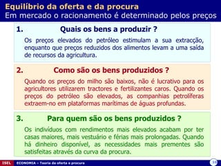 1.  Quais os bens a produzir ? Os preços elevados do petróleo estimulam a sua extracção, enquanto que preços reduzidos dos alimentos levam a uma saída de recursos da agricultura. 2.  Como são os bens produzidos ? Quando os preços do milho são baixos, não é lucrativo para os agricultores utilizarem tractores e fertilizantes caros. Quando os preços do petróleo são elevados, as companhias petrolíferas extraem-no em plataformas marítimas de águas profundas. 3.  Para quem são os bens produzidos ? Os indivíduos com rendimentos mais elevados acabam por ter casas maiores, mais vestuário e férias mais prolongadas. Quando há dinheiro disponível, as necessidades mais prementes são satisfeitas através da curva da procura. Equilíbrio da oferta e da procura   Em mercado o racionamento é determinado pelos preços 