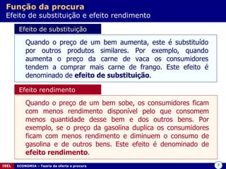 Função da procura   Efeito de substituição e efeito rendimento Efeito de substituição Quando o preço de um bem aumenta, este é substituído por outros produtos similares. Por exemplo, quando aumenta o preço da carne de vaca os consumidores tendem a comprar mais carne de frango. Este efeito é denominado de  efeito de substituição . Efeito rendimento Quando o preço de um bem sobe, os consumidores ficam com menos rendimento disponível pelo que consomem menos quantidade desse bem e dos outros bens. Por exemplo, se o preço da gasolina duplica os consumidores ficam com menos rendimento e diminuem o consumo de gasolina e de outros bens. Este efeito é denominado de  efeito rendimento . 