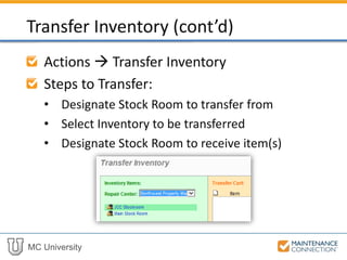 MC University
Interactive Example 3
Let’s practice the skill you just learned! Check
out the following interactive example, located
under the MCU course slides:
• P03 – Transfer Inventory Tool
 