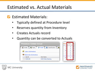 MC University
Estimated Parts:
• Typically defined at Procedure level
• Reserves quantity from Inventory
• Creates Actuals record
• Quantity can be converted to Actuals
Estimated vs. Actual Parts
 