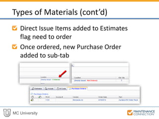MC University
Direct Issue Items added to Estimates
flag need to order
Once ordered, new Purchase Order
added to sub-tab
Types of Materials (cont’d)
 