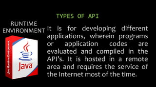 TYPES OF API
RUNTIME
ENVIRONMENT It is for developing different
applications, wherein programs
or application codes are
evaluated and compiled in the
API’s. It is hosted in a remote
area and requires the service of
the Internet most of the time.
 