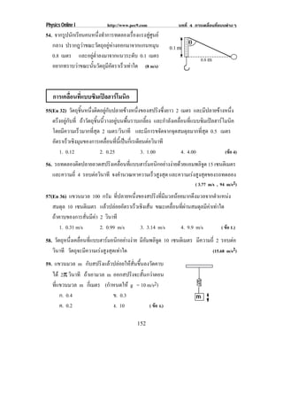 Physics Online I              http://www.pec9.com                บทที่ 4 การเคลื่อนที่แบบตางๆ
54. จากรปนกเรยนคนหนงทาการทดลองเรองแรงสศนย
         ู ั ี         ่ึ ํ           ่ื   ู ู
   กลาง ปรากฎวาขณะวัตถุอยูหางออกมาจากแกนหมุน                       θ
                                                            0.1 m
   0.8 เมตร และอยูต่ําลงมาจากแนวระดับ 0.1 เมตร                             0.8 m
   อยากทราบวาขณะนนวตถมอตราเรวเทาใด (8 m/s)
                 ้ั ั ุ ี ั      ็ 



   การเคลือนทีแบบซิมเปลฮารโมนิก
          ่ ่
55(En 32) วัตถุชิ้นหนึ่งติดอยูกับปลายขางหนึ่งของสปริงซึ่งยาว 2 เมตร และมีปลายขางหนึ่ง
   ตรงอยกบท่ี ถาวัตถุชิ้นนี้วางอยูบนพื้นราบเกลี้ยง และกําลังเคลื่อนที่แบบซิมเปลฮารโมนิค
      ึ ู ั
   โดยมีความเร็วมากที่สุด 2 เมตร/วินาที และมีการขจัดจากจุดสมดุลมากที่สุด 0.5 เมตร
   อัตราเร็วเชิงมุมของการเคลือนทีนเ้ี ปนกีเ่ รเดียนตอวินาที
                               ่ ่
       1. 0.12             2. 0.25                 3. 1.00         4. 4.00             (ขอ 4)
56. รถทดลองติดปลายลวดสปริงเคลื่อนที่แบบฮารมอนิกอยางงายดวยแอมพลิจูด 15 เซนตเิ มตร
   และความถี่ 4 รอบตอวนาที จงคํานวณหาความเร็วสูงสุด และความเรงสงสุดของรถทดลอง
                     ิ                                         ู
                                                                          ( 3.77 m/s , 94 m/s2)
57(En 36) แขวนมวล 100 กรัม ที่ปลายหนึ่งของสปริงที่มีมวลนอยมากดึงมวลจากตําแหนง
   สมดุล 10 เซนตเิ มตร แลวปลอยอัตราเร็วเชิงเสน ขณะเคลื่อนที่ผานสมดุลมีคาเทาใด
   ถาคาบของการสั่นมีคา 2 วินาที
       1. 0.31 m/s       2. 0.99 m/s      3. 3.14 m/s        4. 9.9 m/s           ( ขอ 1.)
58. วตถหนงเคลอนทแบบฮารมอนกอยางงาย มีอัมพลิจูด 10 เซนตเิ มตร มีความถี่ 2 รอบตอ
      ั ุ ่ึ ่ื ่ี            ิ  
   วินาที วัตถุจะมีความเรงสูงสุดเทาใด                            (15.68 m/s2)
59. แขวนมวล m กับสปริงแลวปลอยใหสั่นขึ้นลงวัดคาบ
   ได 2π วินาที ถาเอามวล m ออกสปริงจะสั้นกวาตอน
   ทแขวนมวล m กเ่ี มตร (กําหนดให g = 10 m/s2)
    ่ี
       ก. 0.4                ข. 0.3
       ค. 0.2                ง. 10          ( ขอ ง.)

                                             152
 