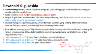 Flavonoid O-glikosida
▪ Flavonoid O-glikosida, adalah flavonoid yang satu (atau lebih) gugus –OH nya berikatan dengan
satu (atau lebih) molekul gula.
▪ Ikatan tersebut lebih mudah terurai dengan adanya asam.
▪ Pengaruh glikolisasi menyebabkan flavonoid menjadi kurang reaktif dan lebih mudah larut dalam
pelarut polar (seperti: air, metanol, etanol).
▪ Glukosa merupakan gula yang paling umum terlibat. Gula lain yang kadang ditemukan: alosa,
manosa, fruktosa, apiosa, dan asam glukuronat serta galakturonat.
▪ Secara kimia, semua gugus -OH pada setiap posisi dalam kerangka inti flavanoid dapat terikat gula,
namun kenyataannya -OH pada tempat tertentu mempunyai peluang yang lebih besar untuk
terglukosilasi, yaitu:
1. OH pada posisi C no.7 → pada flavon, isoflavon, dan dihidroflavon
2. OH pada posisi C no. 3 dan no.7 → pada flavonol dan dihidroflavonol
3. OH pada posisi C no. 3 dan 5 → pada antosianidin
 