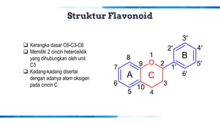Struktur Flavonoid
❑ Kerangka dasar C6-C3-C6
❑ Memiliki 2 cincin heterosiklik
yang dihubungkan oleh unit
C3
❑ Kadang-kadang disertai
dengan adanya atom oksigen
pada cincin C
 