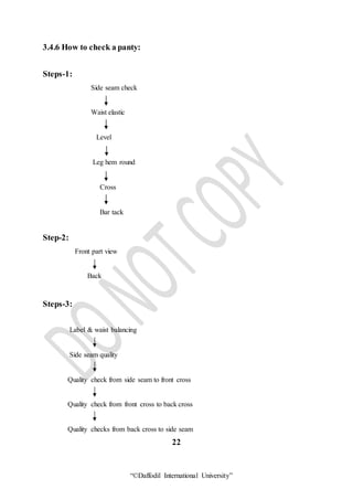 “©Daffodil International University”
3.4.6 How to check a panty:
Steps-1:
Side seam check
Waist elastic
Level
Leg hem round
Cross
Bar tack
Step-2:
Front part view
Back
Steps-3:
Label & waist balancing
Side seam quality
Quality check from side seam to front cross
Quality check from front cross to back cross
Quality checks from back cross to side seam
22
 