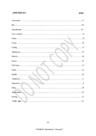 “©Daffodil International University”
APPENDICES: page
Accessories ………………................……………………………………………………….11
Bra ..............................................................…………………………………………………28
Classification-………………………........………………………………………….……….19
Core concept ……………………………....………………………………….……………..15
Check …………………………………………….………...........………….………….……22
Cause……………………………………………………....………………….….....………..36
Cutting …………………………………………………................................…..…………..13
Dimension-………………………………...................................…………………..………..15
Defects..………………....... ……………………………………………………..………. ...36
Factor………………………………………………...……………………………..………..25
Fish bone…………........................………………………………………………...………...37
Fabric ......................……………………………………………………………...…………12
Handle ………………..............................………………………………………...…………24
Limitation-……………..................................………………..………………...……………..5
Objectives-………………….......................……………………………………....…………..4
Panty ………………….....……………………………………………………….......……...29
Responsible-……………………….................…………………………………...…………18
Sewing ...…………………………………..……………………………………...…………13
Traffic light-………………................…………………………………………...………….16
42
 