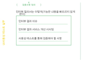 6
                  검증사항 정리


               인터뷰 질의서는 이렇게(가능한 내용을 빠뜨리지 않게
                쓴다)

                인터뷰 결과 이슈
UI사용성 테스트 실무




                인터뷰 결과 서비스 개선 시사점


                사용성 테스트를 통해 검증해야 할 사항
 
