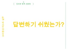 3
UI사용성 테스트 실무   인터뷰 항목 세분화




               답변하기 쉬웠는가?
 