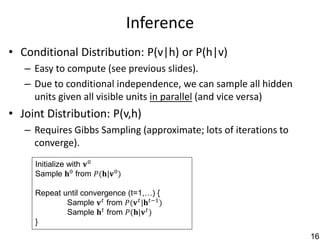 Inference
• Conditional Distribution: P(v|h) or P(h|v)
   – Easy to compute (see previous slides).
   – Due to conditional independence, we can sample all hidden
     units given all visible units in parallel (and vice versa)
• Joint Distribution: P(v,h)
   – Requires Gibbs Sampling (approximate; lots of iterations to
     converge).
     Initialize with 𝐯 0
     Sample 𝐡0 from 𝑃(𝐡|𝐯 0 )

     Repeat until convergence (t=1,…) {
             Sample 𝐯 𝑡 from 𝑃(𝐯 𝑡 |𝐡 𝑡−1 )
             Sample 𝐡 𝑡 from 𝑃(𝐡|𝐯 𝑡 )
     }
                                                                   16
 
