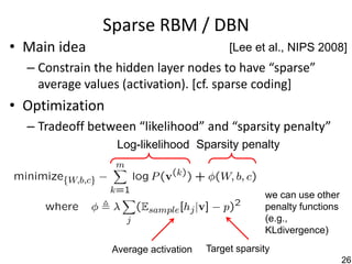 Sparse RBM / DBN
• Main idea                                [Lee et al., NIPS 2008]
  – Constrain the hidden layer nodes to have “sparse”
    average values (activation). [cf. sparse coding]
• Optimization
  – Tradeoff between “likelihood” and “sparsity penalty”
                  Log-likelihood Sparsity penalty



                                                   we can use other
                                                   penalty functions
                                                   (e.g.,
                                                   KLdivergence)
                 Average activation   Target sparsity
                                                                       26
 