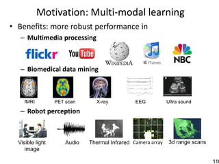 Motivation: Multi-modal learning
• Benefits: more robust performance in
   – Multimedia processing



   – Biomedical data mining



     fMRI         PET scan      X-ray           EEG           Ultra sound

   – Robot perception



  Visible light       Audio   Thermal Infrared Camera array   3d range scans
     image

                                                                               110
 