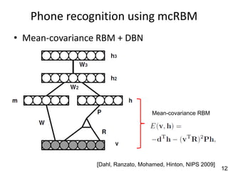 Phone recognition using mcRBM
• Mean-covariance RBM + DBN




                                     Mean-covariance RBM




                 [Dahl, Ranzato, Mohamed, Hinton, NIPS 2009]
                                                               122
 