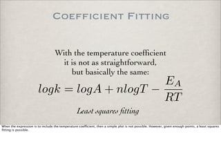 Coefficient Fitting
With the temperature coefﬁcient
it is not as straightforward,
but basically the same:
logk = logA + nlogT −
EA
RT
Least squares ﬁtting
When the expression is to include the temperature coe!cient, then a simple plot is not possible. However, given enough points, a least squares
ﬁtting is possible.
 