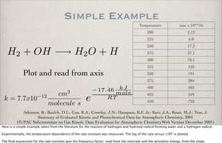 Simple Example
H2 + OH −→ H2O + H
Temperature rate x 10**16
200 2.12
225 6.8
250 17.3
275 37.1
300 70.1
325 120
350 191
375 284
400 403
425 549
450 723
Plot and read from axis
k = 7.7x10−12 cm3
molecule s
e
−17.46 kJ
mole
RT
Atkinson, R.; Baulch, D.L.; Cox, R.A.; Crowley, J.N.; Hampson, R.F, Jr.; Kerr, J.A.; Rossi, M.J.; Troe, J.
Summary of Evaluated Kinetic and Photochemical Data for Atmospheric Chemistry, 2001
(IUPAC Subcommittee on Gas Kinetic Data Evaluation for Atmospheric ChemistryWeb Version December 2001)
Here is a simple example taken from the literature for the reaction of hydrogen and hydroxyl radical forming water and a hydrogen radical.
Experimentally, the temperature dependence of the rate constant was measured. The log of the rate versus 1/RT is plotted.
The ﬁnal expression for the rate constant give the frequency factor, read from the intercept and the activation energy, from the slope.
 
