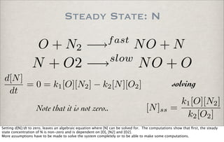 Steady State: N
Note that it is not zero..
d[N]
dt
= 0 = k1[O][N2] − k2[N][O2]
[N]ss =
k1[O][N2]
k2[O2]
O + N2 −→fast
NO + N
N + O2 −→slow
NO + O
solving
Setting d[N]/dt to zero, leaves an algebraic equation where [N] can be solved for. The computations show that ﬁrst, the steady
state concentration of N is non-zero and is dependent on [O], [N2] and [O2].
More assumptions have to be made to solve the system completely or to be able to make some computations.
 