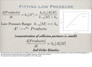 Fitting Low Pressure
Low Pressure Range:
2nd Order Kinetics
(concentration of collision partners is small)
k−a[M] << ku
d[Products]
dt
= ku[A∗
] =
kuka[A][M]
k−a[M] + ku
d[Products]
dt
= ka[A][M]
A∗
−→ku
Products
At low pressure, the concentration of collision partners is small and the conversion to products dominates. So the term with M disappears in
the denominator leaving the expression ka[A][B], meaning second order kinetics.
This produces the slope of the line dependent on M in the graph.
 