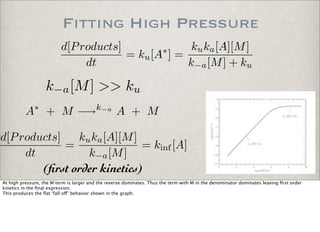 Fitting High Pressure
k−a[M] >> ku
(ﬁrst order kinetics)
d[Products]
dt
= ku[A∗
] =
kuka[A][M]
k−a[M] + ku
d[Products]
dt
=
kuka[A][M]
k−a[M]
= kinf [A]
A∗
+ M −→k−a
A + M
At high pressure, the M term is larger and the reverse dominates. Thus the term with M in the denominator dominates leaving ﬁrst order
kinetics in the ﬁnal expression.
This produces the ﬂat ‘fall o!’ behavior shown in the graph.
 