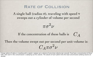 Rate of Collision
A single ball (radius !), traveling with speed "
sweeps out a cylinder of volume per second
πσ2
ν
If the concentration of these balls is CA
Then the volume swept out per second per unit volume is:
CAπσ2
ν
A large sphere of radius !, traveling with a speed " sweeps out a volume of area times velocity (per second). If we have a concentration of these
balls, then each in this concentration is sweeping out this volume. The volume of each sphere time the total concentration yielding volume ver
second.
 
