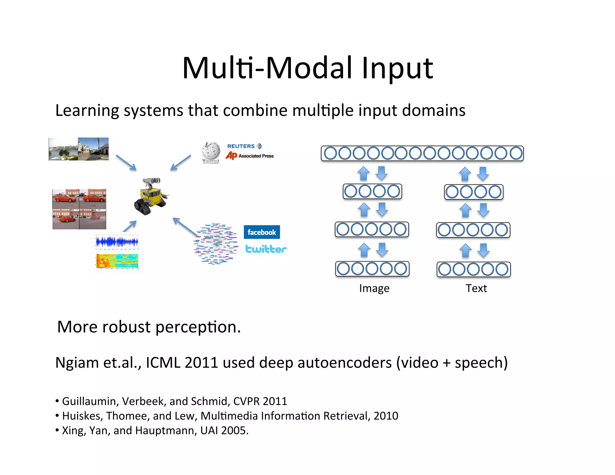 Mul:-­‐Modal	
  Input	
  
Learning	
  systems	
  that	
  combine	
  mul:ple	
  input	
  domains	
  




                                                                                    Image	
         Text	
  


More	
  robust	
  percep:on.	
  	
  
Ngiam	
  et.al.,	
  ICML	
  2011	
  used	
  deep	
  autoencoders	
  (video	
  +	
  speech)	
  

• 	
  Guillaumin,	
  Verbeek,	
  and	
  Schmid,	
  CVPR	
  2011	
  
• 	
  Huiskes,	
  Thomee,	
  and	
  Lew,	
  Mul:media	
  Informa:on	
  Retrieval,	
  2010	
  	
  
• 	
  Xing,	
  Yan,	
  and	
  Hauptmann,	
  UAI	
  2005.	
  	
  
 