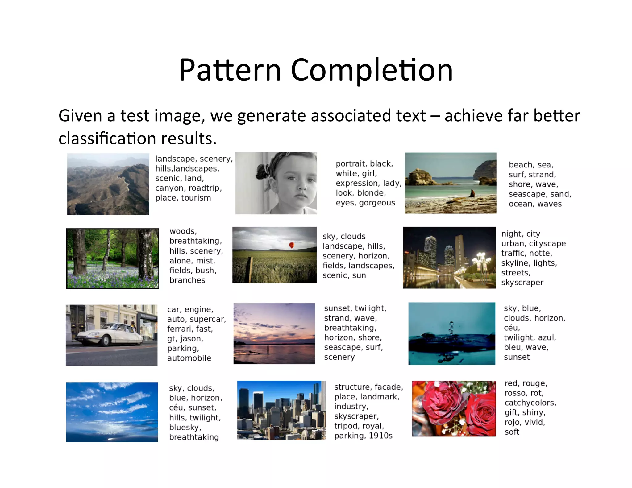 Papern	
  Comple:on	
  
Given	
  a	
  test	
  image,	
  we	
  generate	
  associated	
  text	
  –	
  achieve	
  far	
  beper	
  
classiﬁca:on	
  results.	
  	
  	
  
 