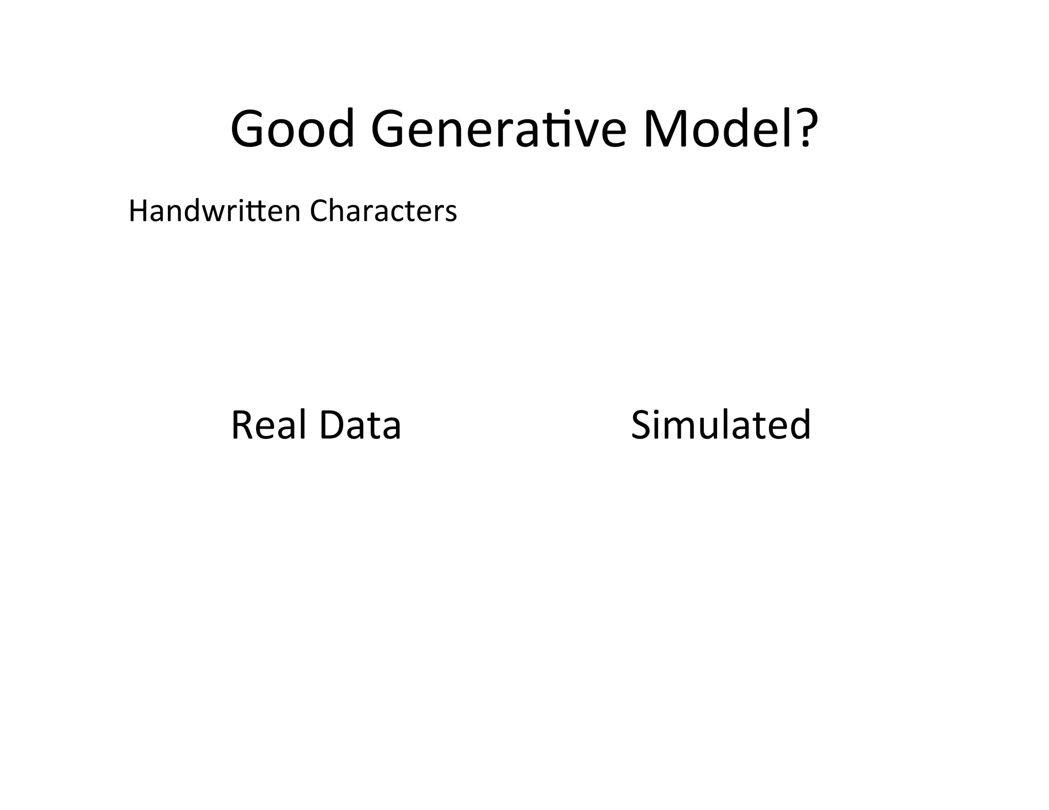 Good	
  Genera:ve	
  Model?	
  
Handwripen	
  Characters	
  




        Real	
  Data	
         Simulated	
  
 