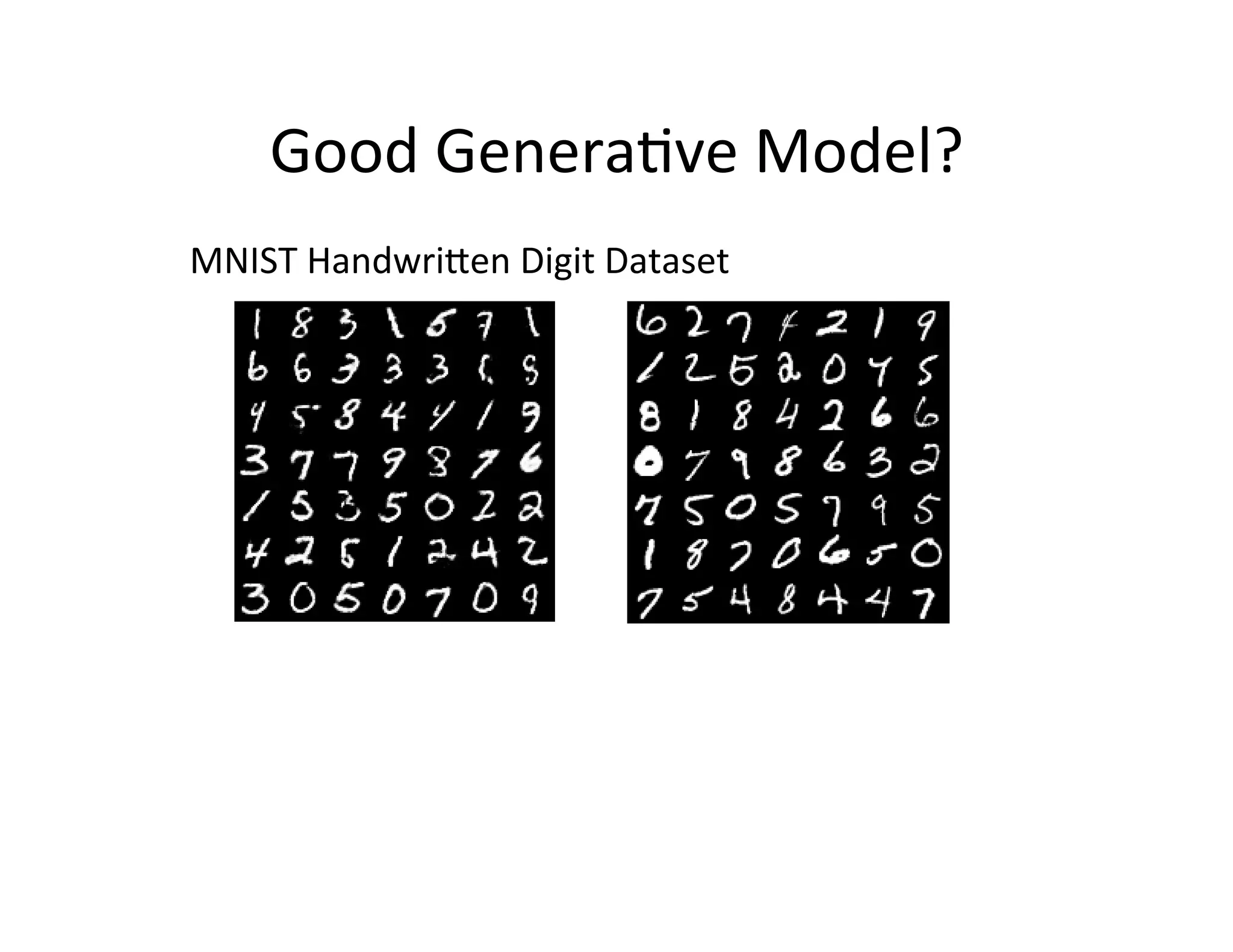Good	
  Genera:ve	
  Model?	
  
MNIST	
  Handwripen	
  Digit	
  Dataset	
  
 
