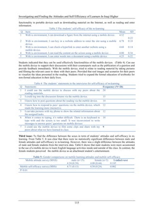 Investigating and Finding the Attitudes and Self Efficiency of Learners In Iraqi Higher
115
functionality in portable devices such as downloading material on the Internet, as well as reading and enter
information.
Table 3 The students’ self-efficacy of the m-learning
Q Item Mean SD
1 With is environment, I can download a figure from the internet using a mobile device. 4.52
0.22
2 With is environment, I can key in a website address to enter the site using a mobile
device.
4.78 0.18
3 With is environment, I can check a hyperlink to enter another website using a
mobile device.
4.68 0.14
4 With is environment, I can read the content on the screen using a mobile device. . 4.80 0.16
5 With is environment, I can enter words into a document using a mobile device. 4.25 0.22
Students indicated that they can be used effectively functionalities of the mobile devices (Table 4). Can use
the mobile device to support their discussions with their counterparts such as the publication of a question and
provide feedback immediately. With the mobile device, tried to relate to reading material by taking pictures
and filming the relevant cases to share with their peers. Provided that real images and scenarios for their peers
to visualize the ideas presented in the reading. Students tried to expand the formal education of textbooks for
non-formal education in their daily lives.
Table 4: The students’ statements in the interviews for self-efficacy of m-learning
Q Statements Frequency (N=20)
1 I could use the mobile device to discuss with my peers about the
reading materials.
20
2 I could log into the discussion forums via the mobile device. 15
3 I know how to post questions about the reading via the mobile device. 14
4 I know how to respond to pees’ questions via the mobile device, which
made the learning more interactive.
12
5 I can take pictures with my phone to show the related information about
the assigned tasks.
12
6 When it comes to typing, it’s rather difficult. There is no keyboard to
type with and the screen is too small. It was inconvenient to write
messages to answer peers’ questions on mobile devices
10
7 I could use the mobile device to film some clips and share with my
peers about what we have learned in class.
9
Third issue: To find the difference between the sexes in term of students’ attitudes and self-efficacy in m-
learning. From Table 5. It was clear that there were no statistically significant differences between male and
female attitudes and self-efficacy in m-learning. However, there was a slight difference between the attitudes
of male and female students from the interview data. Table 6 shows that male students were more accustomed
to the use of a mobile device to learn English language activities inside and outside of the class. In contrast, the
female students perceived the mobile device as an attachment student’s entertainment.
Table 5: Gender comparisons on mobile learning attitudes and mobile self-efficacy
Mobile attitude survey (MAS) male (n=15) female (n=5) 1-tailed t-test
4.24 (0.39) 4.08 (0.44) 0.183
Mobile self-efficacy survey (MSS) 4.71 (0.13) 4.50 (0.24) 0.002
P<0.01
 