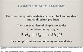 Complex Mechanisms
There are many intermediates between fuel and oxidizer
and equilibrium products
Even a mechanism of simple molecules
combustion of hydrogen
2 H2 + O2 −→ 2H2O
Is a complex interaction of many intermediates
Combustion mechanisms are complex with many intermediates, stages and hierarchies between the fuel and oxidizer and the ﬁnal equilibrium
products.
Even a simple molecule such as hydrogen is a complex mechanism with many intermediates, reactions and submechanisms.
 