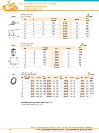 Raccords à came - Cam  Groove Couplings
                          Bouchons et accessoires
                          Plugs and accessories

                   Bouchons type DC
         I.RCBA    DC - TYPE DUST CAPS                                                                                                                                   I.RAP
                                                                                     Poids (Kg)                                                                  Prix
                          DN                 E                    L                                              Ref.                    Nature
                                                                                      Weight                                                                     Price
                           15                40                   43                   0,145                   RCBA15                       316                 12,39 €
                           20                50                   45                   0,180                   RCBA20                       316                 13,82 €
                           25                60                   56                   0,255                   RCBA25                       316                 17,53 €
                           32                80                   67                   0,510                   RCBA32                       316                 26,11 €
                           40                89                   69                   0,540                   RCBA40                       316                 28,60 €
                           50                97                   75                   0,690                   RCBA50                       316                 37,44 €
                           65               110                   80                   0,915                   RCBA65                       316                 47,37 €
E




                           80               135                   80                   1,385                   RCBA80                       316                67,72 €
                          100               165                   82                   2,150                   RCBA100                      316                114,73 €
          L               125                 -                    -                     -                     RCBA125                      316                    *
                          150                 -                    -                     -                     RCBA150                      316                    *



                   Bouchons type DP
         I.RCBC    DP - TYPE DUST PLUGS                                                                                                                      I.RAP
                                                                 Poids (Kg)                                                                       Prix
                          DN                    L                                              Ref.                     Nature
                                                                  Weight                                                                          Price
                          15                  38                   0,063                   RCBC15                        316                      5,24 €
                          20                  38                   0,075                   RCBC20                        316                      6,16 €
                           25                 44                   0,125                   RCBC25                        316                       9,53 €
                           32                 50                   0,260                   RCBC32                        316                      15,99 €
                           40                 56                   0,325                   RCBC40                        316                      21,16 €
                           50                 64                   0,430                   RCBC50                        316                      29,70 €
                           65                 64                   0,570                   RCBC65                        316                      43,74 €
                           80                 66                   0,865                   RCBC80                        316                      56,06 €
                          100                 70                   1,350                   RCBC100                       316                      95,08 €
                          125                  -                     -                     RCBC125                       316                         *
              L
                          150                  -                     -                     RCBC150                       316                         *



                   Joints de raccords à came
         I.RCJ     GASKETS FOR CAM COUPLINGS                                                                                                                                I.RAP
                          Poids (Kg)                              Prix                                 Prix                                 Prix                          Prix
                    DN                   Ref.        Nature                   Ref.        Nature                  Ref.          Nature                Ref.     Nature
                           Weight                                 Price                                Price                                Price                         Price
                    15          -      RCJ15        BUNA - NBR    1,90 € RCPN15          PTFE - NBR       *     RCPV15         PTFE - FKM     *      RCV15       FKM      8,32 €
                    20          -      RCJ20        BUNA - NBR    2,28 € RCPN20          PTFE - NBR       *     RCPV20         PTFE - FKM     *      RCV20       FKM      8,93 €
                    25          -      RCJ25        BUNA - NBR    2,28 € RCPN25          PTFE - NBR       *     RCPV25         PTFE - FKM     *      RCV25       FKM      10,30 €
                    32          -      RCJ32        BUNA - NBR    2,81 € RCPN32          PTFE - NBR       *     RCPV32         PTFE - FKM     *      RCV32       FKM      11,06 €
                    40          -      RCJ40        BUNA - NBR    2,81 € RCPN40          PTFE - NBR       *     RCPV40         PTFE - FKM     *      RCV40       FKM      14,84 €
                     50         -      RCJ50        BUNA - NBR    3,03 € RCPN50          PTFE - NBR       *     RCPV50         PTFE - FKM     *      RCV50       FKM      20,01 €
                     65         -      RCJ65        BUNA - NBR    3,49 € RCPN65          PTFE - NBR       *     RCPV65         PTFE - FKM     *      RCV65       FKM      27,35 €
                     80         -      RCJ80        BUNA - NBR    3,78 € RCPN80          PTFE - NBR       *     RCPV80         PTFE - FKM     *      RCV80       FKM      32,31 €
                    100         -      RCJ100       BUNA - NBR    4,85 € RCPN100         PTFE - NBR       *     RCPV100        PTFE - FKM     *      RCV100      FKM      54,83 €
                    125         -      RCJ125       BUNA - NBR      *    RCPN125         PTFE - NBR       *     RCPV125        PTFE - FKM     *      RCV125      FKM         *
                    150         -      RCJ150       BUNA - NBR      *    RCPN150         PTFE - NBR       *     RCPV150        PTFE - FKM     *      RCV150      FKM         *



                   Robinet boisseau sphérique à came  voir p.145
                   Cam lock ball valve  refer to p.145




                                         Besoin d’inox ? Contactez-nous ! Pour la France Tél. 04 37 20 17 17 - Fax. 04 37 20 00 26 - Email. commercial@fginox.fr - www.fginox.fr

    96                                              Les cotes d’emcombrement sont susceptibles de varier. En cas de cotes impératives, merci de nous consulter.
                                                               Dimensional datas are subject to change. In case of imperative dimensional datas, please contact us.
 