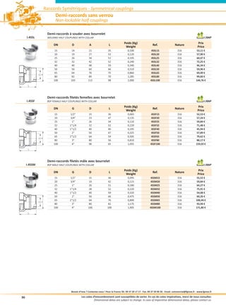 Raccords Symétriques - Symmetrical couplings
                         Demi-raccords sans verrou
                         Non-lockable half couplings

                   Demi-raccords à souder avec bourrelet
     I.4SSL        WELDING HALF COUPLINGS WITH COLLAR                                                                                                                 I.RAP
                                                                                       Poids (Kg)                                                             Prix
                       DN            D                A                  L                                         Ref.                 Nature
                                                                                        Weight                                                                Price
                        15           14               21                35                 0,100                  4SSL15                   316                53,11 €
                        20           19               27                53                 0,120                  4SSL20                   316                57,90 €
                        25           26               34                51                 0,195                  4SSL25                   316                60,47 €
                        32           32               42                52                 0,240                  4SSL32                   316                72,25 €
                        40           40               48                59                 0,340                  4SSL40                   316                46,34 €
                        50           56               60                66                 0,510                  4SSL50                   316                59,96 €
                        65           64               76                75                 0,860                  4SSL65                   316                69,49 €
              A
              D




                        80           82               89                70                 1,285                  4SSL80                   316                99,60 €
                       100          103              113                98                 2,000                 4SSL100                   316               144,76 €
      L



                   Demi-raccords filetés femelles avec bourrelet
     I.4SSF        BSP FEMALE HALF COUPLINGS WITH COLLAR                                                                                                              I.RAP
                                                                                       Poids (Kg)                                                             Prix
                       DN            G                D                  L                                         Ref.                 Nature
                                                                                        Weight                                                                Price
                        15          1/2             15                 36                 0,065                  4SSF15                   316                52,53 €
                        20          3/4             23                 47                 0,135                  4SSF20                   316                57,24 €
                        25           1              26                 34                 0,110                  4SSF25                   316                59,84 €
                        32         11/4             32                 52                 0,220                  4SSF32                   316                71,48 €
                        40         11/2             40                 40                 0,195                  4SSF40                   316                45,94 €
                        50           2              50                 47                 0,325                  4SSF50                   316                57,89 €
                        65         21/2             64                 54                 0,505                  4SSF65                   316                79,62 €
              A
              D




                        80           3              80                 56                 0,810                  4SSF80                   316                88,17 €
                       100           4              98                 65                 1,055                 4SSF100                   316               159,03 €
      L



                   Demi-raccords filetés mâle avec bourrelet
     I.4SSM        BSP MALE HALF COUPLINGS WITH COLLAR                                                                                                                I.RAP
                                                                                       Poids (Kg)                                                             Prix
                       DN            G                D                  L                                         Ref.                 Nature
                                                                                        Weight                                                                Price
                        15          1/2              15               36                  0,095                 4SSM15                    316                55,52 €
                        20           3/4             19                42                 0,115                 4SSM20                    316                59,84 €
                        25            1              26                51                 0,180                 4SSM25                    316                64,27 €
                        32          11/4             28                52                 0,220                 4SSM32                    316                75,91 €
                        40          11/2             40                59                 0,320                 4SSM40                    316                54,08 €
                        50            2              56                66                 0,475                 4SSM50                    316                60,26 €
                        65          21/2             64                76                 0,800                 4SSM65                    316               100,44 €
              G
              D




                        80            3             80                82                  1,175                 4SSM80                    316                93,94 €
                       100            4             100               100                 1,905                4SSM100                    316               171,80 €
      L




                                     Besoin d’inox ? Contactez-nous ! Pour la France Tél. 04 37 20 17 17 - Fax. 04 37 20 00 26 - Email. commercial@fginox.fr - www.fginox.fr

90                                            Les cotes d’emcombrement sont susceptibles de varier. En cas de cotes impératives, merci de nous consulter.
                                                         Dimensional datas are subject to change. In case of imperative dimensional datas, please contact us.
 