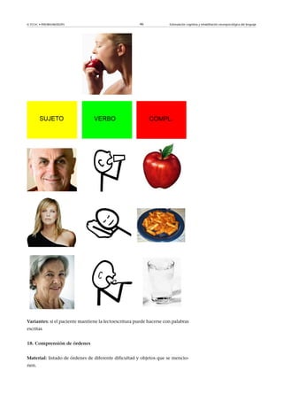 © FUOC • P09/80548/00295 46 Estimulación cognitiva y rehabilitación neuropsicológica del lenguaje
Variantes: si el paciente mantiene la lectoescritura puede hacerse con palabras
escritas
18.Comprensióndeórdenes
Material: listado de órdenes de diferente dificultad y objetos que se mencio-
nen.
 