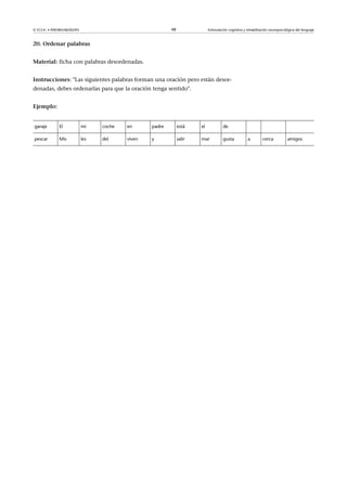 © FUOC • P09/80548/00295 48 Estimulación cognitiva y rehabilitación neuropsicológica del lenguaje
20.Ordenarpalabras
Material: ficha con palabras desordenadas.
Instrucciones: Las siguientes palabras forman una oración pero están desor-
denadas, debes ordenarlas para que la oración tenga sentido.
Ejemplo:
garaje El mi coche en padre está el de
pescar Mis les del viven y salir mar gusta a cerca amigos
 