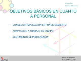 OBJETIVOS BÁSICOS EN CUANTO A PERSONAL CONSEGUIR IMPLICACIÓN EN FUNCIONAMIENTO ADAPTACIÓN A TRABAJO EN EQUIPO SENTIMIENTO DE PERTENENCIA 