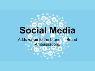 Social Media
Adds value to the brand — Brand
Ambassadors.
 