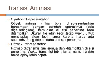 Transisi Animasi
 Symbolic Representation
Obyek animasi (misal bola) direpresentasikan
bersamaan dengan perintah operasinya (bola
digelindingkan), kemudian di sisi penerima baru
ditampilkan. Ukuran file lebih kecil, tetapi waktu untuk
mendisplay akan lebih lama karena harus ada
scanconverting telebih dahulu di sisi penerima.
 Pixmax Representation
Pixmap ditransmisikan semua dan ditampilkan di sisi
penerima. Waktu transmisi lebih lama, namun waktu
mendisplay lebih cepat.
 