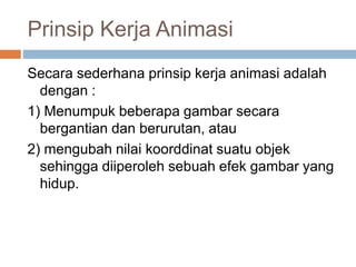 Prinsip Kerja Animasi
Secara sederhana prinsip kerja animasi adalah
dengan :
1) Menumpuk beberapa gambar secara
bergantian dan berurutan, atau
2) mengubah nilai koorddinat suatu objek
sehingga diiperoleh sebuah efek gambar yang
hidup.
 