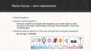 Meios físicos – sem cabeamento
2. Radiofrequência
 Espectro eletromagnético
 Intervalo completo da radiação eletromagnética que contém desde as ondas
de radio, micro-ondas, infravermelho, luz visível, raios ultravioleta, rios X, até
a radiação gama.
 Administração do espectro é feita em cada país por um órgão competente
 Em Portugal – ANACOM
 
