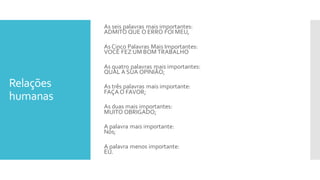Relações
humanas
As seis palavras mais importantes:
ADMITO QUE O ERRO FOI MEU,
As Cinco Palavras Mais Importantes:
VOCÊ FEZ UM BOM TRABALHO
As quatro palavras mais importantes:
QUAL A SUA OPINIÃO;
As três palavras mais importante:
FAÇA O FAVOR;
As duas mais importantes:
MUITO OBRIGADO;
A palavra mais importante:
Nós;
A palavra menos importante:
EU.
 