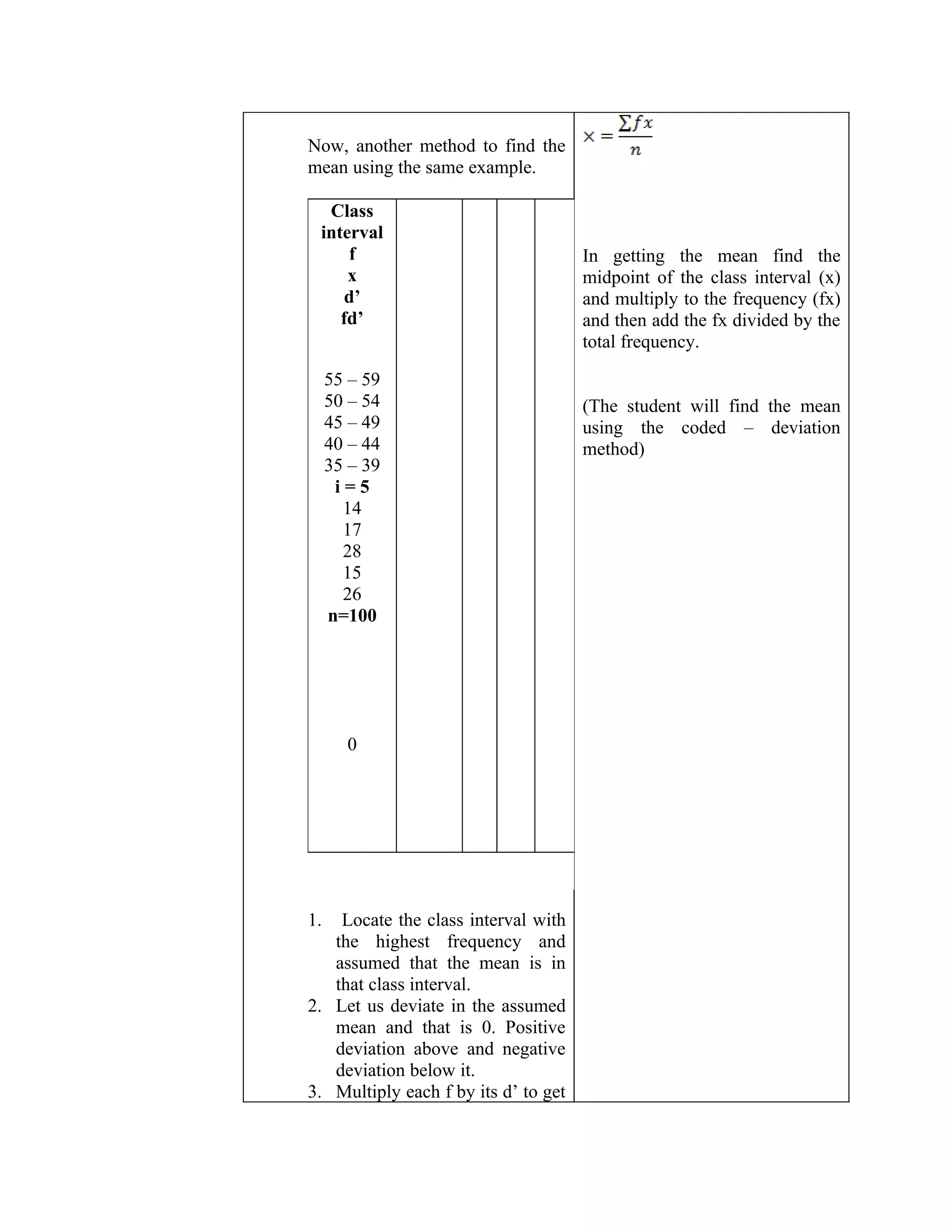 Now, another method to find the
mean using the same example.

  Class
 interval
     f                                In getting the mean find the
     x                                midpoint of the class interval (x)
     d’                               and multiply to the frequency (fx)
    fd’                               and then add the fx divided by the
                                      total frequency.

     55 – 59
     50 – 54                          (The student will find the mean
     45 – 49                          using the coded – deviation
     40 – 44                          method)
     35 – 39
      i=5
       14
       17
       28
       15
       26
     n=100




       0




1.  Locate the class interval with
   the highest frequency and
   assumed that the mean is in
   that class interval.
2. Let us deviate in the assumed
   mean and that is 0. Positive
   deviation above and negative
   deviation below it.
3. Multiply each f by its d’ to get
 