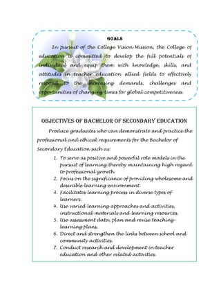 GOALS
     In pursuit of the College Vision-Mission, the College of

education is committed to develop the full potentials of

individual and equip them with knowledge, skills, and

attitudes in teacher education allied fields to effectively

respond    to   the   increasing    demands,   challenges   and

opportunities of changing times for global competitiveness.




 OBJECTIVES OF BACHELOR OF SECONdARY EdUCATION
    Produce graduates who can demonstrate and practice the

professional and ethical requirements for the Bachelor of

Secondary Education such as:

      1. To serve as positive and powerful role models in the
          pursuit of learning thereby maintaining high regard
          to professional growth.
      2. Focus on the significance of providing wholesome and
          desirable learning environment.
      3. Facilitates learning process in diverse types of
          learners.
      4. Use varied learning approaches and activities,
          instructional materials and learning resources.
      5. Use assessment data, plan and revise teaching-
          learning plans.
      6. Direct and strengthen the links between school and
          community activities.
      7. Conduct research and development in teacher
          education and other related activities.
 